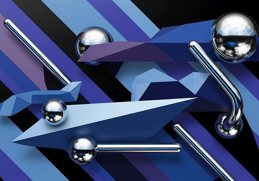 Abstract composition with steel spheres and geometric shapes, modern art