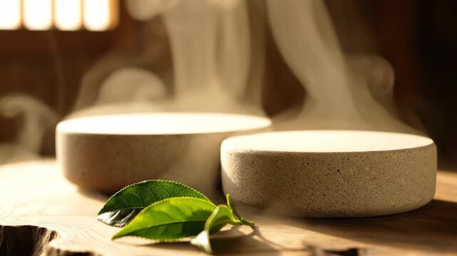 Close-up of two steaming hot round stones with a green leaf on a wooden surface in a warm, cozy setting with soft natural light.
