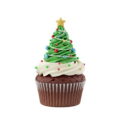 Festive christmas cupcake with a tree shaped frosting and star on a black backdrop on transparent background