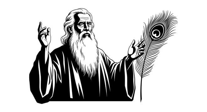 Black and white illustration of an old man with a long beard holding a peacock feather, gesturing with his other hand, in a traditional artistic style.