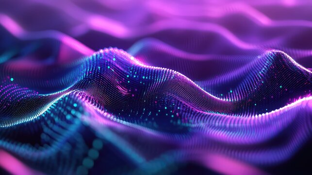 Digital data network waves flowing purple and blue particles - Powered by Adobe
