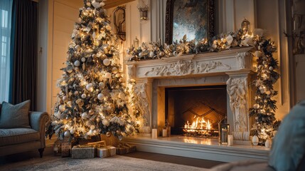 stylish decorated christmas tree with vintage ornaments and modern decor of fireplace mantel with bells ribbon and garland lights in evening