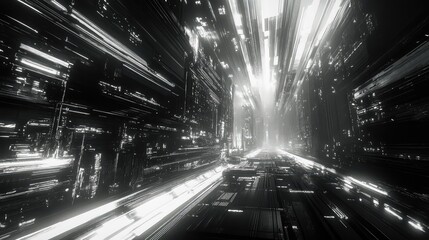 Navigating a futuristic digital cityscape with light streaks