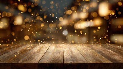 empty wooden table top with warm golden bokeh lights and soft sparkling particles in festive holiday atmosphere concept of christmas new year celebration and seasonal decoration
