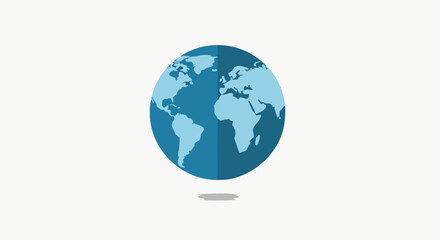 Fototapeta premium A flat design illustration of a blue globe showing continents, with a subtle shadow underneath, against a plain white background.