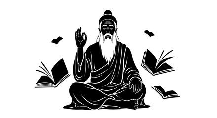 Black and white illustration of an ancient sage meditating with books floating around him, symbolizing wisdom and knowledge.