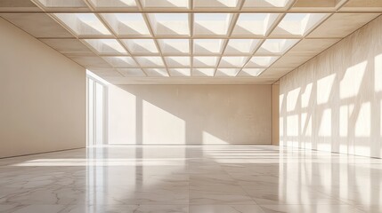 Empty minimalist hall with daylight and grid shadows