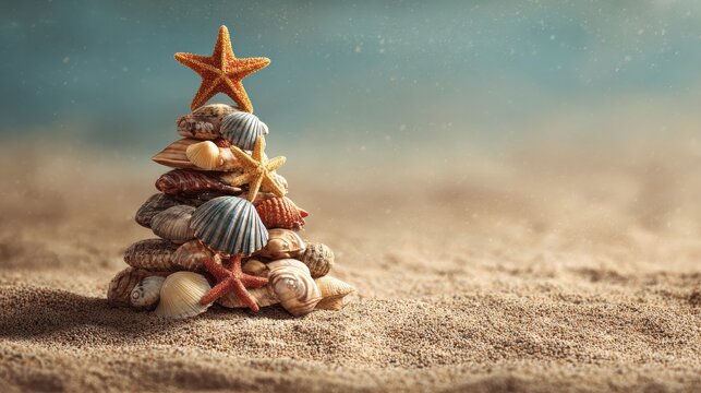 beachy christmas tree composed of seashells and starfish on textured sand surface holiday season