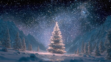 a festive christmas tree glows in a snowy landscape under a starry sky creating a magical winter wonderland