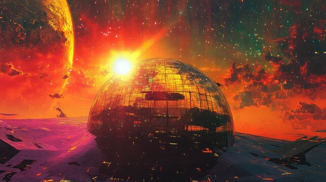 Futuristic city dome protecting a human colony on alien planet - Powered by Adobe