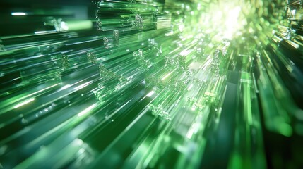 Green digital information flowing through glass light pipes