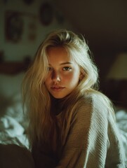Fototapeta premium young blond girl in cozy scandinavian bedroom no logos no brands ar 34