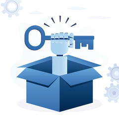 Neural network give new opportunities and targets. Robot arm give key from opened cardboard box. AI chat bot help with customer questions. New technologies for business