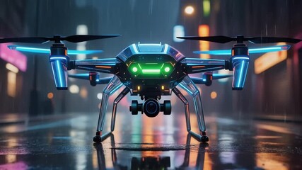 Futuristic Surveillance Drone in Rainy Cyberpunk City Night - Powered by Adobe