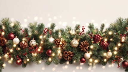 christmas border with tree branches lights cones and baubles festive banner isolated background