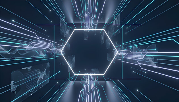 Futuristic Hexagon Portal with Circuit Lines and Neon Light Tunnel