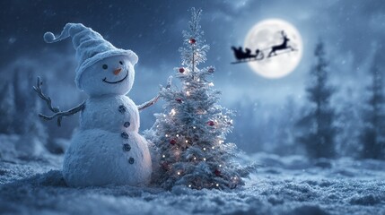 cheerful snowman holding a festive christmas tree in a magical snowy winter scene with santas sleigh flying by the full moon