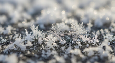 Close-Up of Snowflakes on Frosty Surface. Macro photo of delicate snowflakes resting on a frosty surface, showing the intricate and symmetrical patterns of ice crystals.