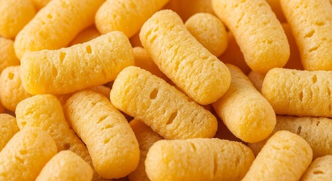 A pile of crunchy, golden corn puffs, a popular snack food, ready to be enjoyed as a light and airy treat
