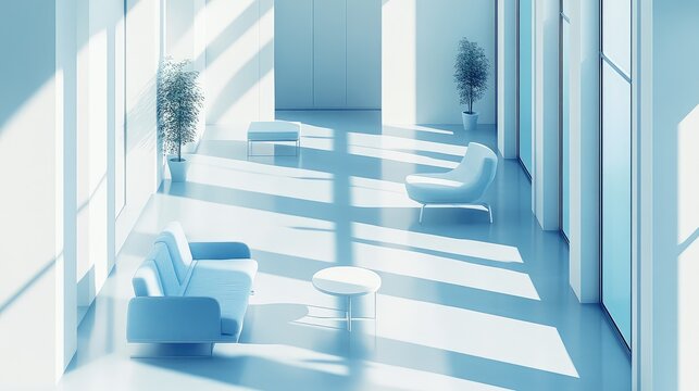 Minimalist waiting area with blue furniture and sunbeams