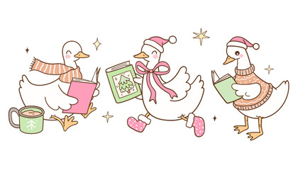 Draw vector cute goose reading book Merry christmas Bookish lover Doodle cartoon