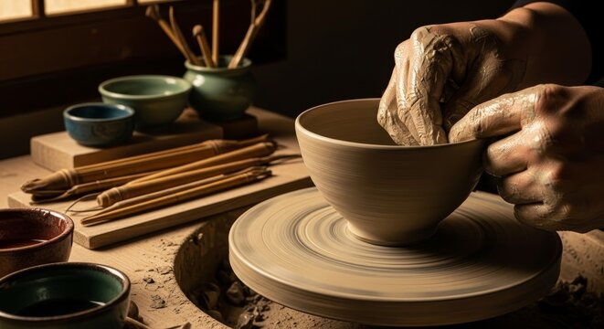 Skilled potter hands shaping clay bowl on spinning pottery wheel in traditional ceramic workshop studio with artisan tools and finished glazed vessels