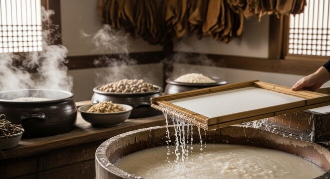 Traditional Asian tofu making process with wooden mold draining soy milk into large ceramic vat in authentic kitchen setting with steaming pots