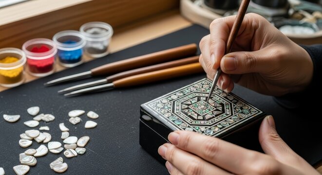 Traditional artisan crafting intricate mother of pearl inlay patterns on decorative wooden jewelry box using fine brush and natural pigments in workshop setting - Powered by Adobe