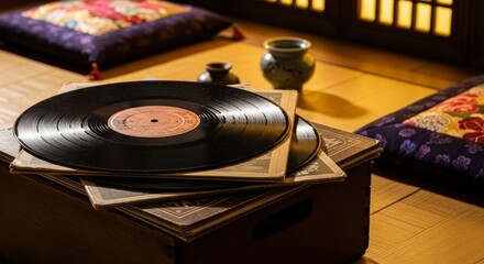 Vintage vinyl record with orange label resting on stack of album covers in traditional Japanese room with tatami mats and ceramic pottery