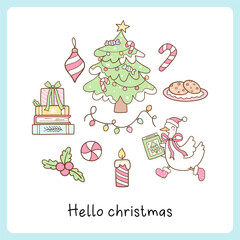 Draw vector cute silly goose with element christmas Winter season Bookish lover Doodle cartoon
