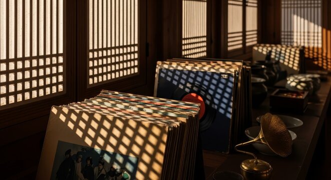 Vintage vinyl records collection with antique gramophone in sunlit room with traditional wooden lattice windows creating geometric shadow patterns