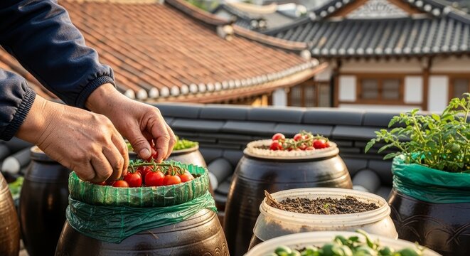 Asian elderly hands carefully selecting fresh red tomatoes from traditional ceramic onggi jar in Korean hanok courtyard rooftop garden with clay pots containing soil and green plants
