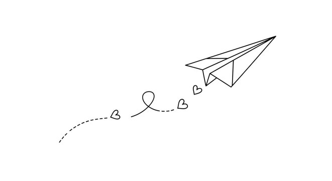 A minimalist line art drawing of a paper airplane flying with a dotted trail and small heart shapes.