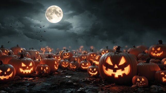 spooky halloween night with glowing jackolanterns pumpkins dark sky full moon festive atmosphere autumn holiday background eerie outdoor scene scary fun traditional decor