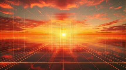 Digital grid lines extending over glowing virtual sunset