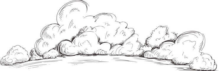 Fluffy cloudscape sketch drawing black