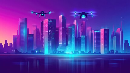 Drones flying over futuristic neon city skyline at night