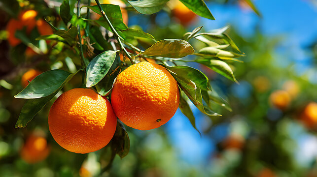 orange orchard with ripe fruits hanging on branches in a tropical farm landscape, organic agriculture and healthy produce concept, fresh food and natural nutrition background - Powered by Adobe