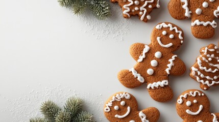 top view of decorated christmas gingerbread man cookies on white table background with copy space concept of holiday celebration merry christmas xmas concept