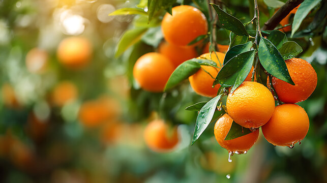 orange orchard with ripe fruits hanging on branches in a tropical farm landscape, organic agriculture and healthy produce concept, fresh food and natural nutrition background