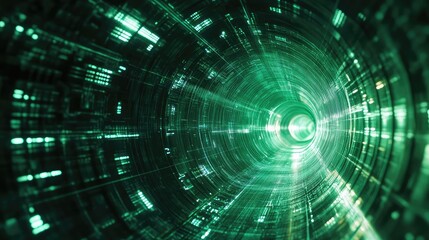 Digital data passing through abstract green cyberspace tunnel