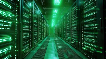 Data center server room with glowing green lights
