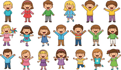 Happy cartoon children characters standing and smiling, cute diverse kids illustration for education, learning materials, animation, preschool design elements