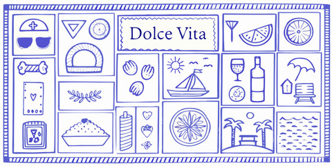 Dolce vita collection of hand drawn icons representing italian lifestyle and summer vacation