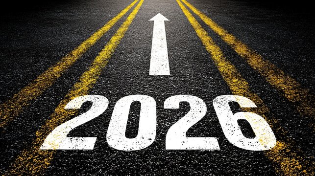 White arrow pointing up to "2026" on asphalt road, photo-realistic new year concept with copy space for text, ideal for business plans, future development ideas and celebration backgrounds.