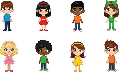 Cute cartoon children characters standing in colorful outfits, diverse kids illustration for education, animation, learning materials, character design collection
