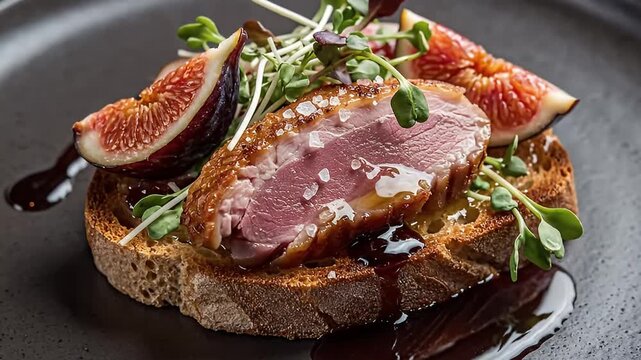 A meticulously plated gourmet dish featuring a perfectly seared duck breast, seasoned with coarse sea salt, resting on a toasted slice of artisanal bread. The culinary masterpiece is elegantly garnish