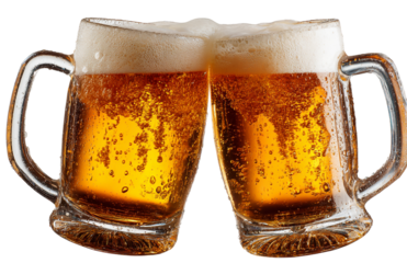 Two frothy beer mugs toasting for celebration