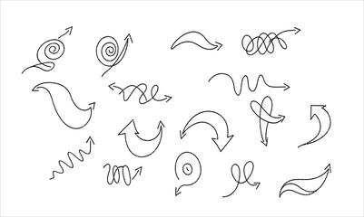 Collection of hand drawn sketch arrows and lines in various abstract curved and directional shapes