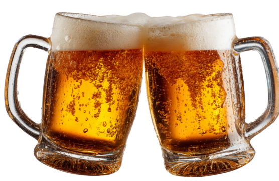 Two frothy beer mugs toasting for celebration